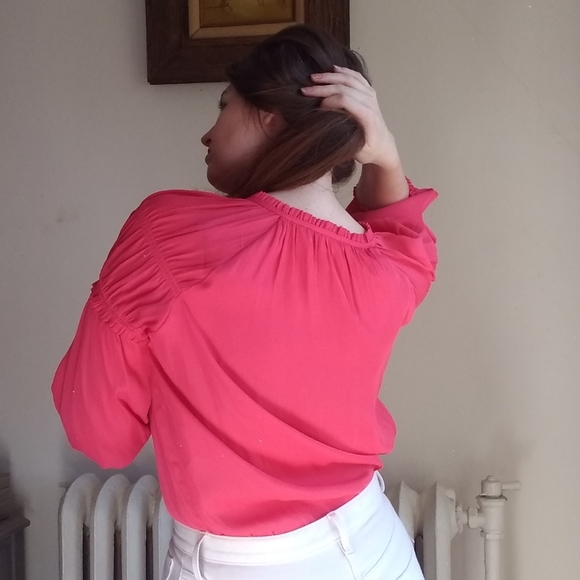 🔥 GAP | Coral Satin-Feel Tie-Neck Boho Peasant Blouse Sz Large - Picture 3 of 8